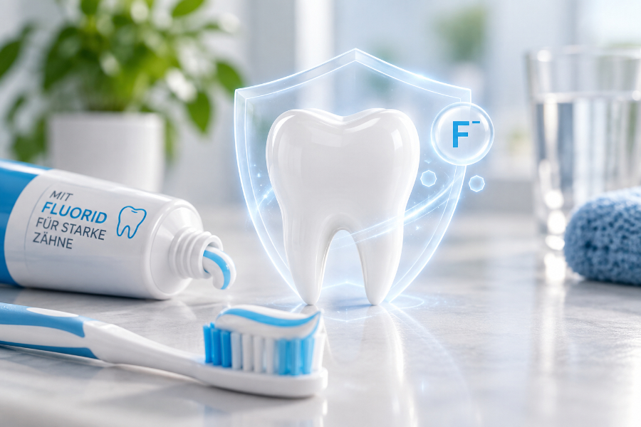 Fluoridhaltige Zahnpflege mit Zahnpasta und Zahnbürste zum Schutz der Zähne vor Karies
