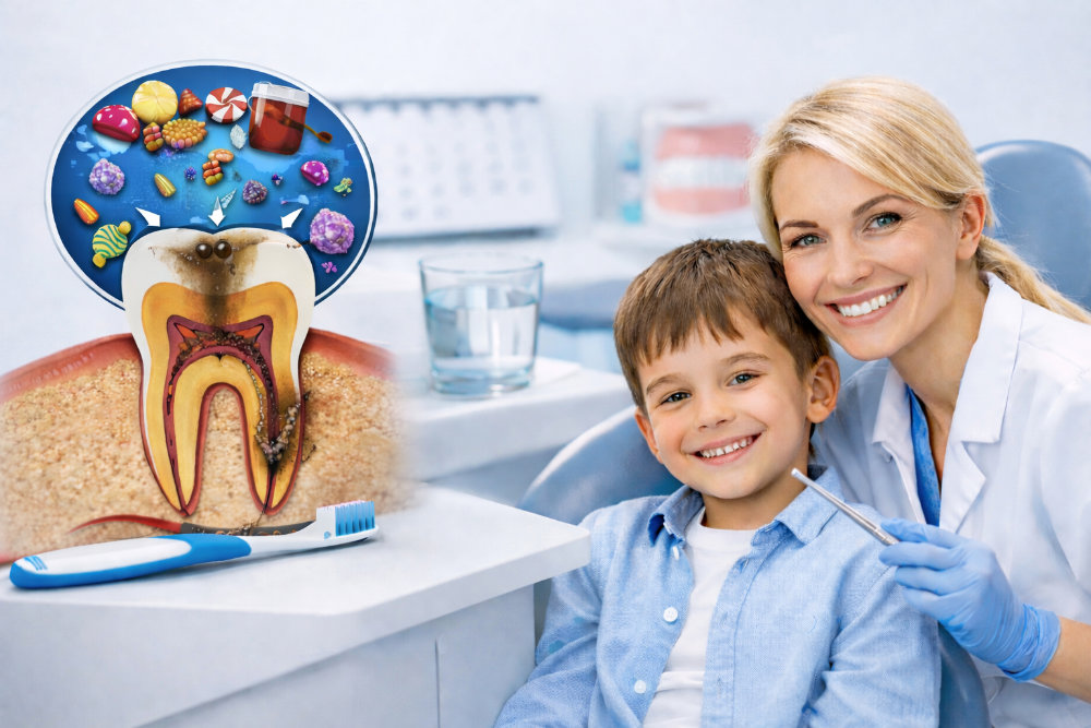 Modell zur Erklärung von Karies am Zahn mit Zahnpflegeutensilien in einer Zahnarztpraxis