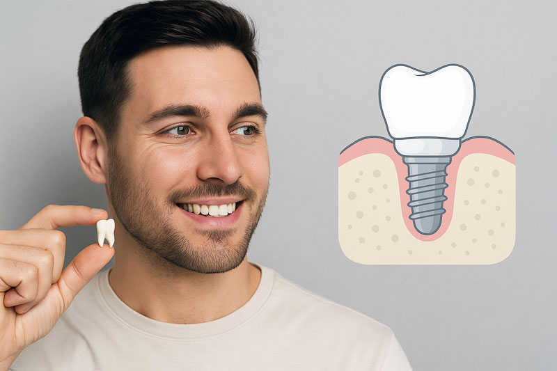 Sofortimplantation im Unterkiefer, dargestellt bei einem jungen Mann