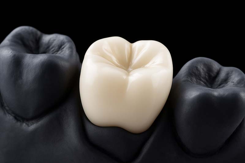 Detailaufnahme einer gefrästen Zahnkrone aus Keramik in einem Zahnmodell